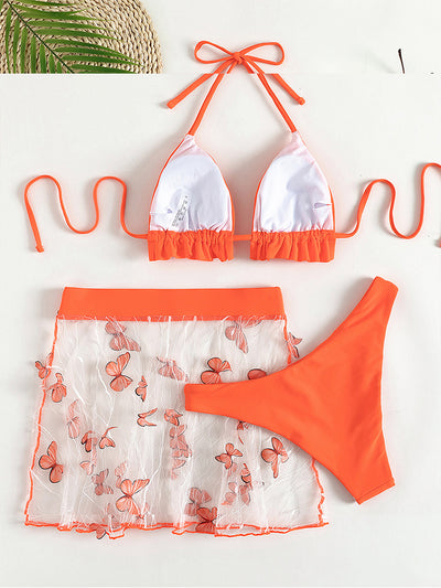 Orange Bikini Set Triangle 3 Piece Swimsuit Women Ruffle Bathing Suits Swimwear - Divinerebel