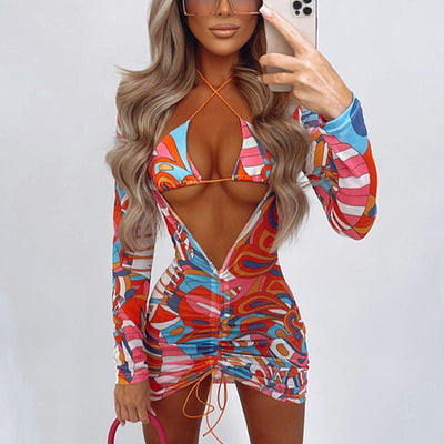 Print Bikini Sexy Mesh Cover Up 3 Piece Swimsuit Women String Bathing Suits - Divinerebel