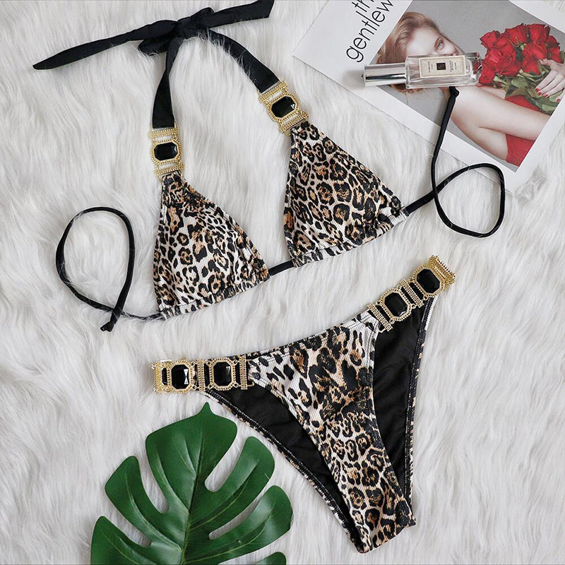 Leopard Print Bikinis Halter Swimsuit Women Backless Bathing Suits Swimwear - Divinerebel