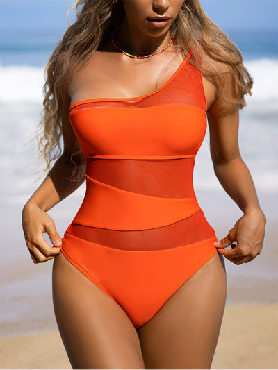 Solid One Piece Swimsuit Women Hollow Out Cutout Out Bathing Suits Mesh Swimwear - Divinerebel