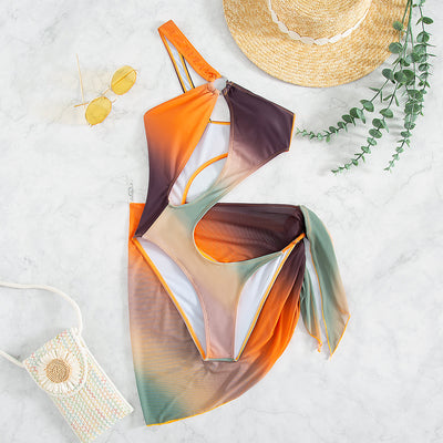 New Fashion One-Piece Swimsuit Women Two-Piece Set Sexy Hollow Out Cutout Printing One-Piece Swimsuit - Divinerebel