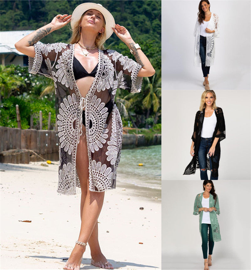 Style Lace Sunfower Embroidered Beach Cover-up Sexy Cardigan Outer Sunscreen Bikini Blouse - Divinerebel