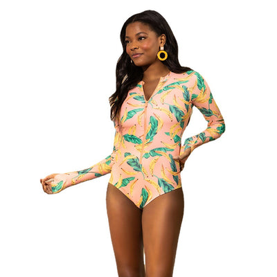 Swimsuit Women Zipper Printing Multi-Color Long Sleeve Surfing Sexy Conservative Swimwear Spot - Divinerebel