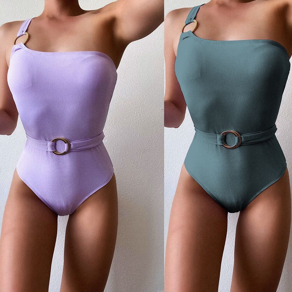 Sexy Solid Color One Shoulder Slim Thread Fabric Bikini Swimsuit - Divinerebel