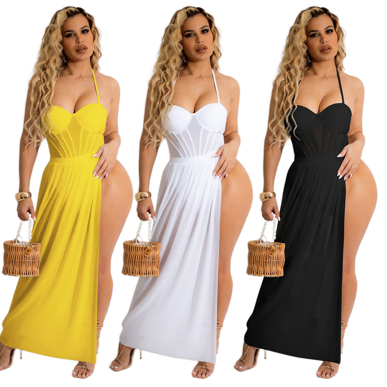 Women Clothing Summer Vacation Spaghetti Straps Cluster Swimsuit Chiffon Women Two-Piece Overskirt Suit - Divinerebel