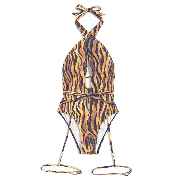 2022 Swimwear Women Bandage Leg Travel Swimsuit Sexy Tiger Stripe Pattern Bikini - Divinerebel