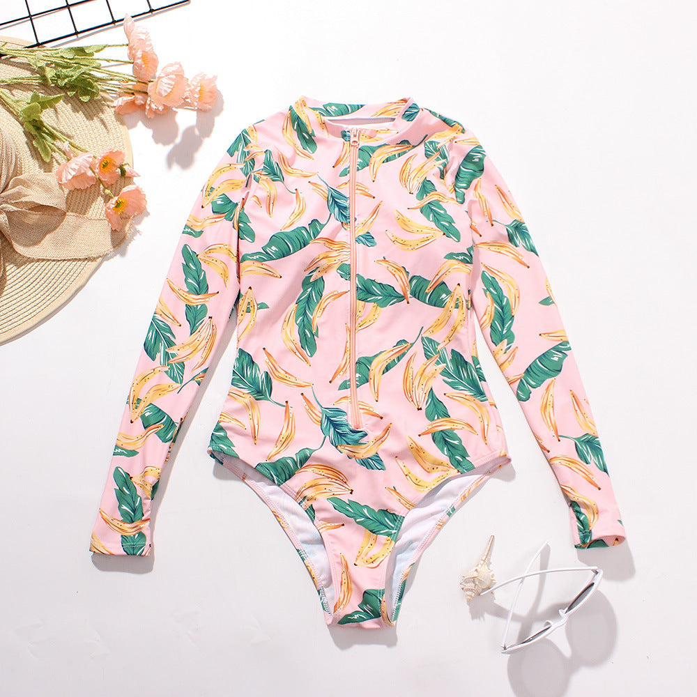 Swimsuit Women Zipper Printing Multi-Color Long Sleeve Surfing Sexy Conservative Swimwear Spot - Divinerebel