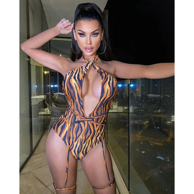 2022 Swimwear Women Bandage Leg Travel Swimsuit Sexy Tiger Stripe Pattern Bikini - Divinerebel