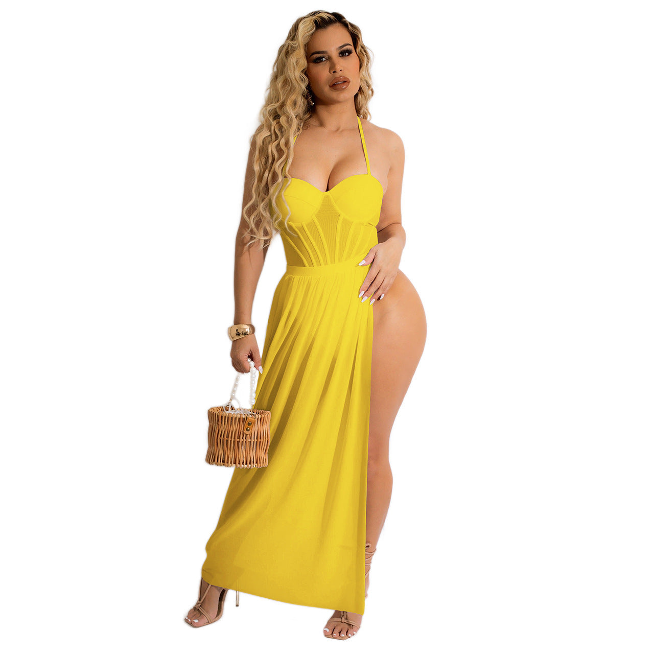 Women Clothing Summer Vacation Spaghetti Straps Cluster Swimsuit Chiffon Women Two-Piece Overskirt Suit - Divinerebel