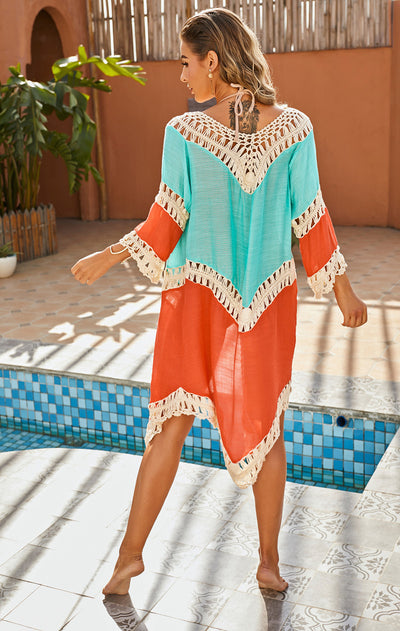 New Arrival Mixed Color Hand Crocheting Stitching Loose Cardigan Vacation Style Beach Cover-up Sun Protection Clothing Crochet - Divinerebel