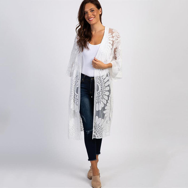 Style Lace Sunfower Embroidered Beach Cover-up Sexy Cardigan Outer Sunscreen Bikini Blouse - Divinerebel