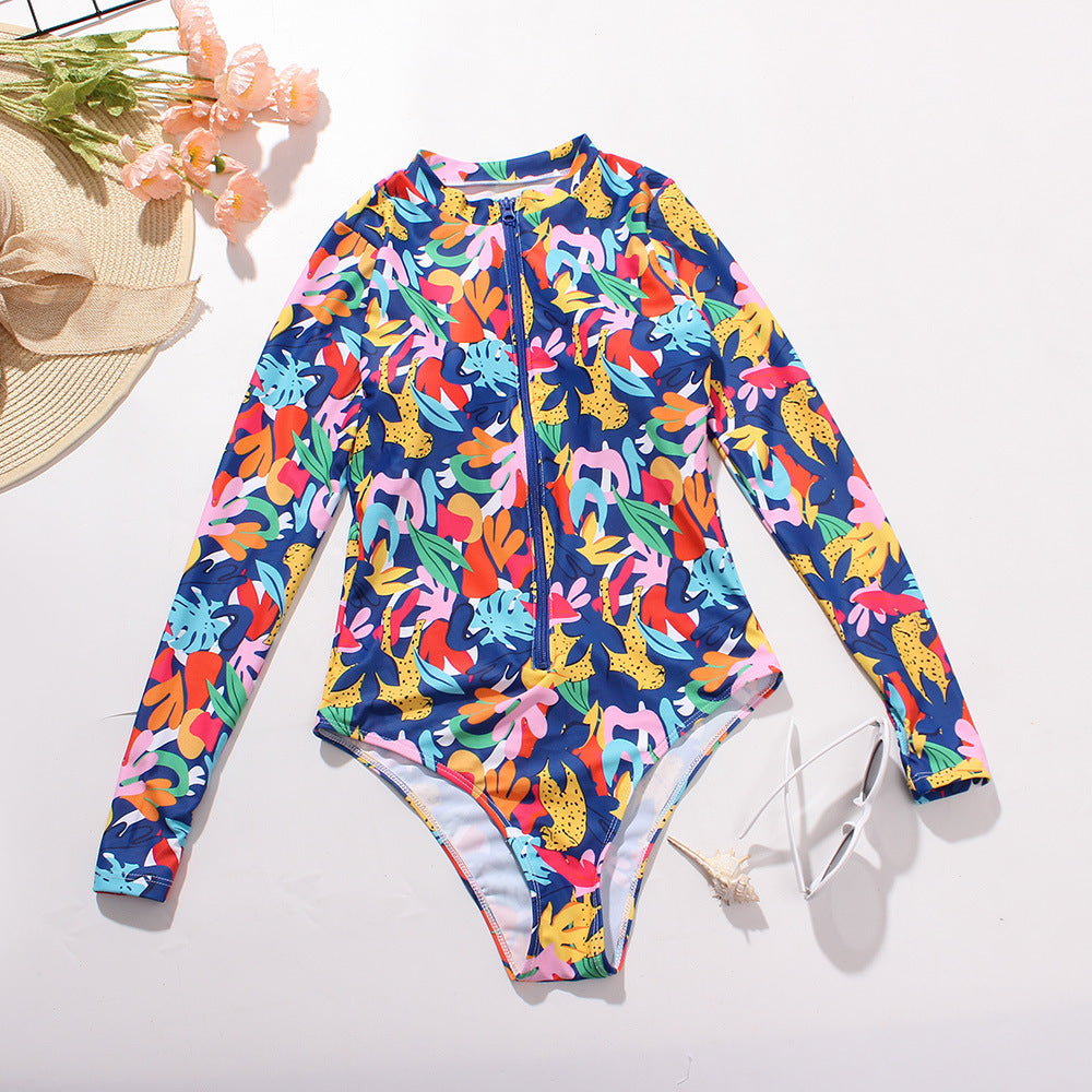 Swimsuit Women Zipper Printing Multi-Color Long Sleeve Surfing Sexy Conservative Swimwear Spot - Divinerebel