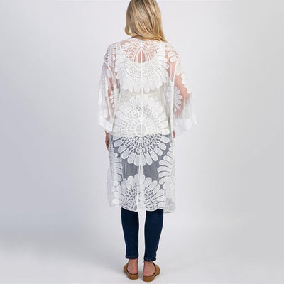 Style Lace Sunfower Embroidered Beach Cover-up Sexy Cardigan Outer Sunscreen Bikini Blouse - Divinerebel