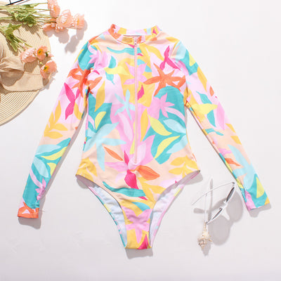 Swimsuit Women Zipper Printing Multi-Color Long Sleeve Surfing Sexy Conservative Swimwear Spot - Divinerebel