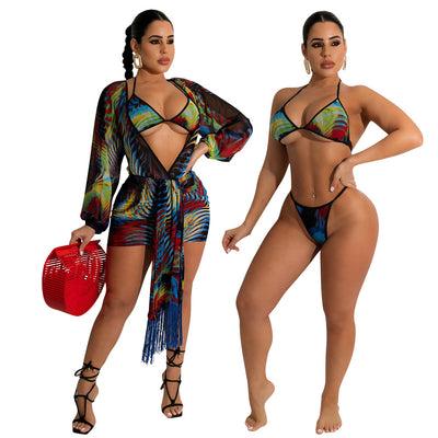 Summer New  Women Clothing Sexy Mesh See-through Swimsuit Bikini Three-Piece Suit - Divinerebel