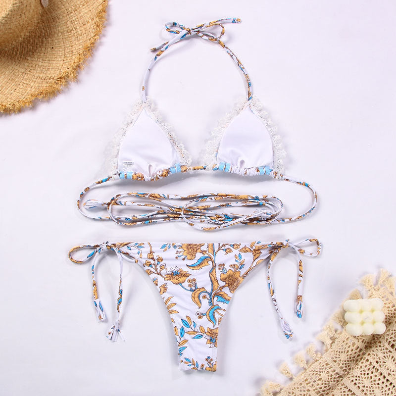 Swimsuit Women Sexy Ribbon Stitching Lace Strap Printing Bikini - Divinerebel