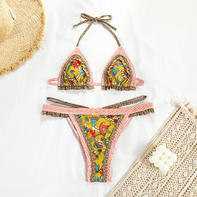 Strap Split Swimsuit Women Sexy Patchwork Backless Print Bikini - Divinerebel